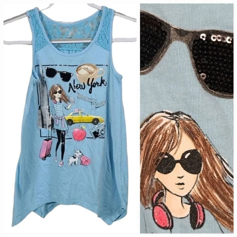 Justice Girls 14 Blue Sleeveless Shirt New York Glitter Sequin Tank Top Tee